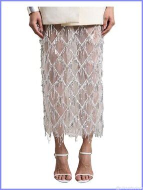 Sequin Maxi Skirt Sheer Fringe Tassel Sparkly Night Out Pencil Long Skirt